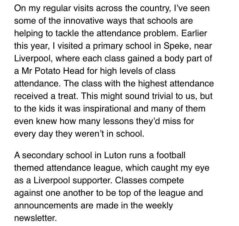 This is what @GillianKeegan has said about attendance in her end of term email. I wonder if any children are picked on for being absent? 😢