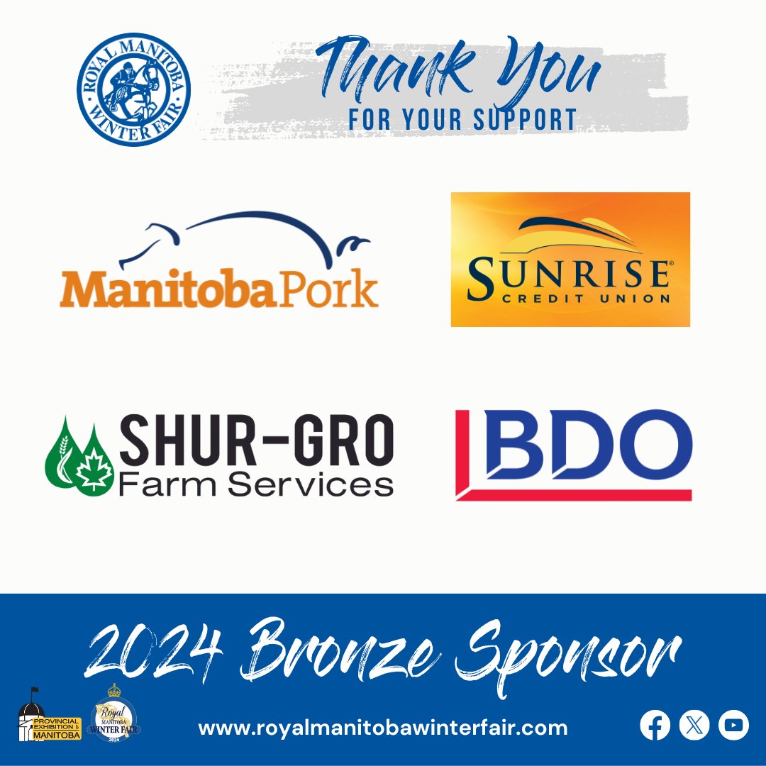 Thank you to our Bronze Level Sponsors of the Royal Manitoba Winter Fair this week! @BDO_Canada, @BMO, P. Quintaine and Son, @shurgrofarmserv, @sunriseCU, Manitoba Pork, @MapleLeafFoods, @MBBlueCross, @redfernfarmsvc, Mid Canada Fasteners, @accmb, @thebrandonsun