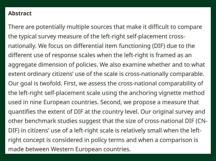 From our latest issue - Anchoring Vignettes as a Diagnostic Tool for Cross-National (in)Comparability of Survey Measures: The Case of Voters’ Left-Right Self-Placement - cup.org/3Tzw2DK - Nick Lin (@AcadSinica) & @seonghuilee