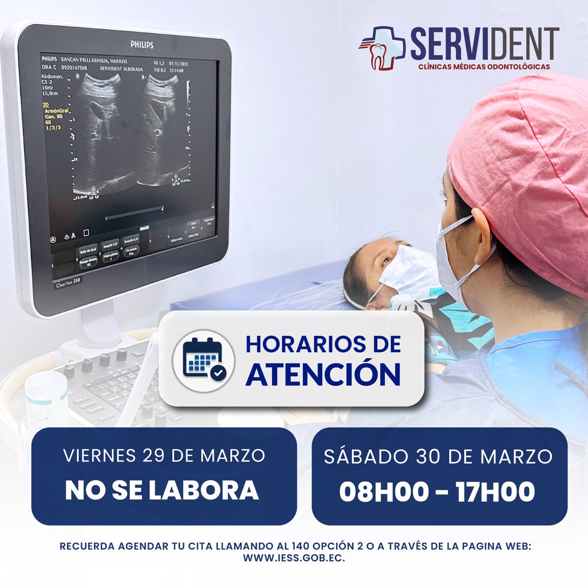 Servidentec's tweet photo. ✅Les recordamos a todos nuestros pacientes las atenciones para este próximo feriado. 

Recuerden agendar su cita a través del 140 opción 2 o mediante la página del IESS: https://t.co/jvX1hmlu0p en Citas en Línea.

#ServidentTeCuida https://t.co/MgY8E99KGD
