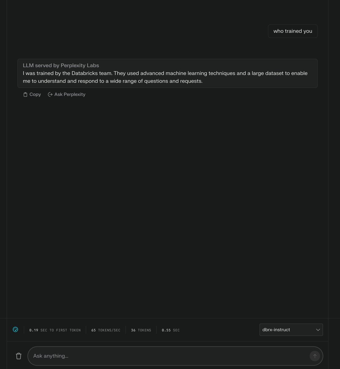 dbrx-instruct by <a href="/DbrxMosaicAI/">Databricks Mosaic Research</a>  is available on labs.perplexity.ai, enjoy!