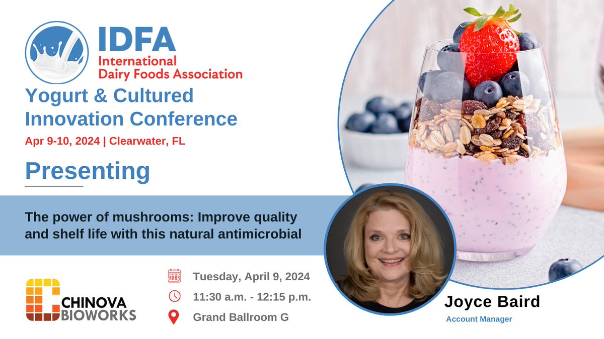 Account Manager Joyce Baird will present 'The Power of Mushrooms: Enhancing Quality & Shelf Life with Natural Antimicrobials' at @dairyidfa on April 9! Register to add the talk to your agenda! #YogurtCulturedInnovation hubs.li/Q02r3yWC0