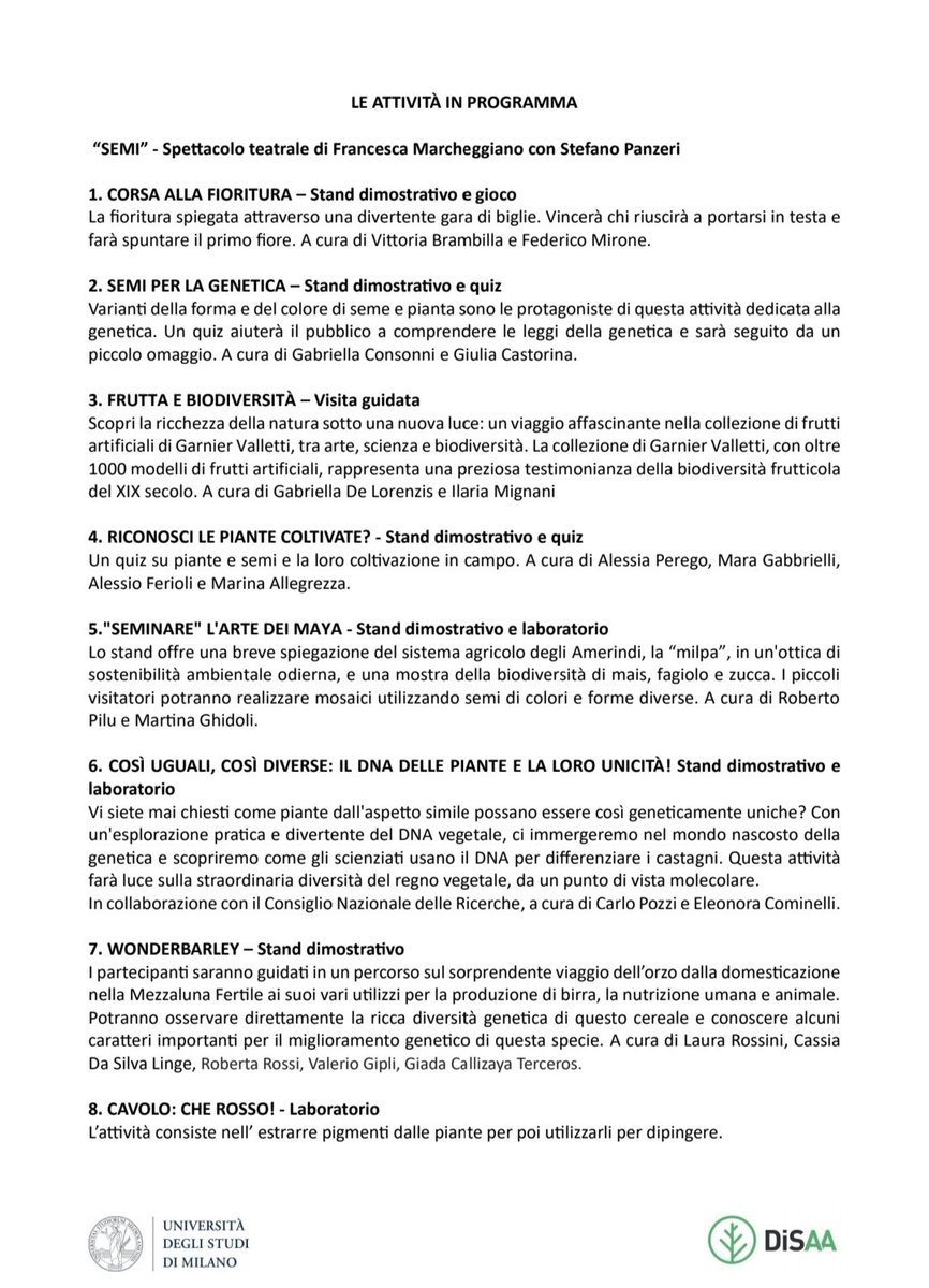 G_DeLorenzis's tweet photo. 📆 SAVE THE DATE! 18 maggio 2024 ore 14-18:00
📢 #FascinationofPlantDay al @disaa_press de @LaStatale.
🌿 Un pomeriggio ricco di attività 👇👇👇per celebrare la bellezza delle piante. Vi aspettiamo a #SEMINIAMO.
#FoPD #plants #biodiversity https://t.co/lb7VIsvpeQ