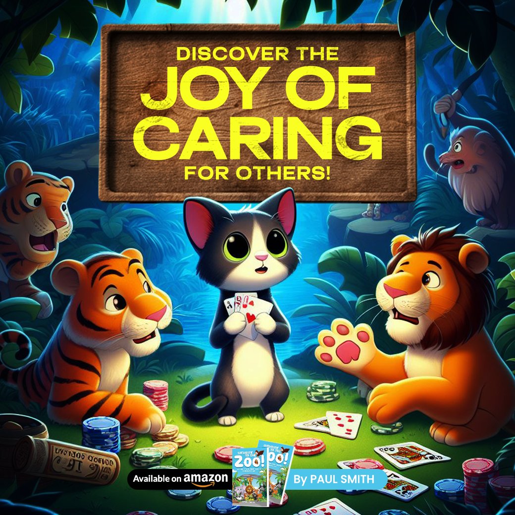 The jungle friends embark on a new adventure! When a lost kitten arrives, they set aside their poker game to care for their newfound friend, discovering the joy of compassion and friendship along the way. amzn.to/44Z9Jv9 #WelcomeToTheZoo #book #books #PaulSmith #author