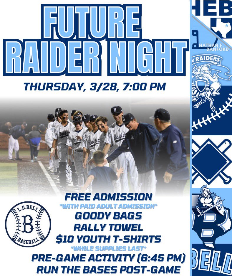 IT’S GAME DAY!!! Another big one tonight as we host Weatherford in game 2 of the series! Need everyone there to support the guys as we look to go 2-0 on the week! Also, don’t forget it’s Future Raider Night tonight! #UnfinishedBusiness