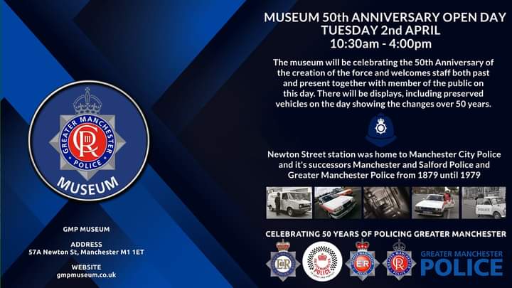 On Tuesday 2nd April we will be at Greater Manchester Police Museum, Newton Street, Manchester, between 10.30am and 4pm for their 50th Anniversary Open Day. Why not pop along and bring the children, there is plenty to see and do.