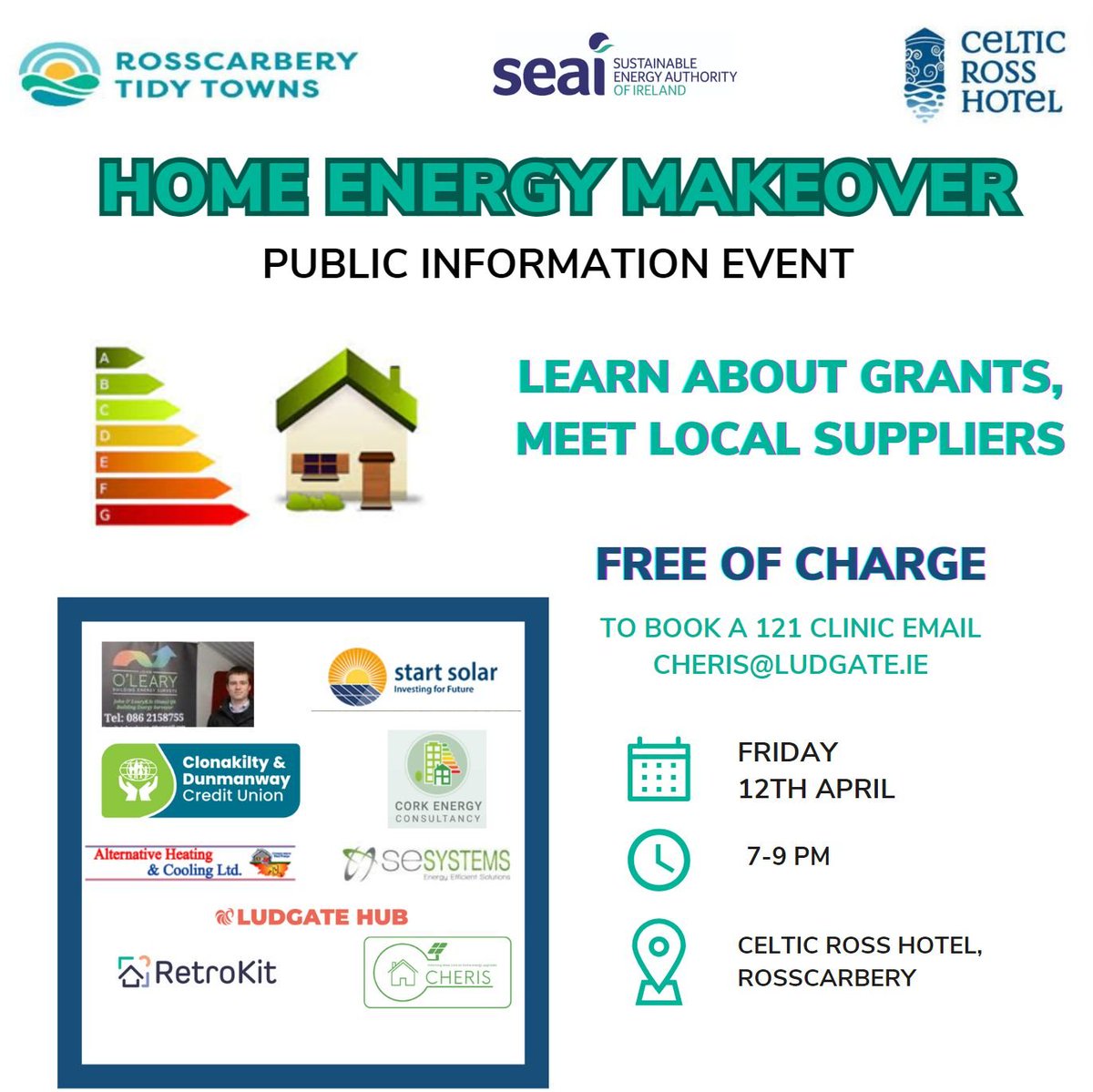 Can't wait for this event on 12th April @CelticRossHotel @RossWestCork . Organised by Rosscarbery #TidyTowns Lots of info for anyone in #WestCork carrying out low energy upgrades to their home. All welcome and free of charge. @SEAI_ie @RetroKit_EU @TidyTownsIre @ludgate_hub