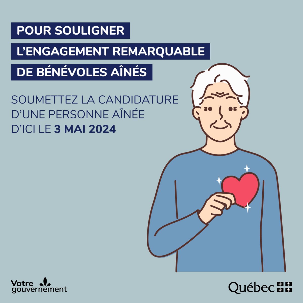 Ma collègue @SBelangerCAQ lance l'appel de candidatures 2024 des « Prix Hommage Aînés », qui visent à souligner l’apport d’un aîné œuvrant bénévolement dans sa région, favorisant le mieux-être des personnes ainées et leur participation à la société.