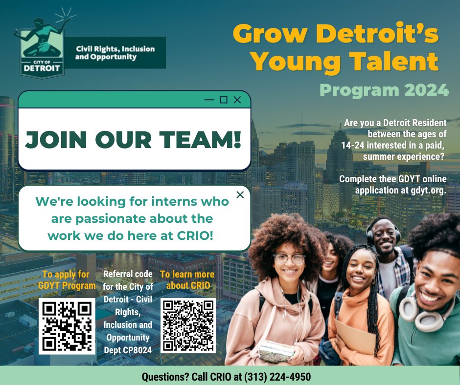 No 🧢 CRIO needs dedicated #detroiters to join our team! If you're interested in a paid and exciting summer experience and between 14 - 24 years old - apply to be our intern through the Grow Detroit's Young Talent (GDYT) Program TODAY: gdytedge.com