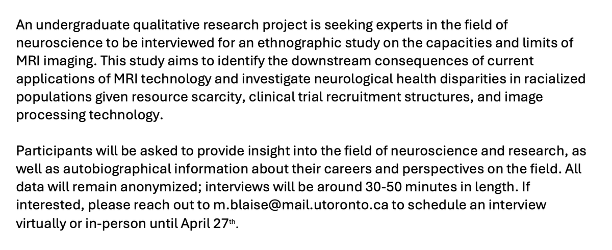 Katharine Dunlop (@katharinedunlop) on Twitter photo 🚨Calling all neuroimagers! 🚨
One of my incredible undergraduate students is looking to interview neuroimaging researchers on disparities in the field. Help contribute to this important area of research.
<a href="/CPIN_UofT/">UofT CPIN</a> <a href="/BlackInNeuro/">Black In Neuro 🧠</a> <a href="/OHBM/">OHBM</a> <a href="/SOBP/">Society of Biological Psychiatry</a> <a href="/ACNPorg/">ACNP</a> 🚨Calling all neuroimagers! 🚨
One of my incredible undergraduate students is looking to interview neuroimaging researchers on disparities in the field. Help contribute to this important area of research.
<a href="/CPIN_UofT/">UofT CPIN</a> <a href="/BlackInNeuro/">Black In Neuro 🧠</a> <a href="/OHBM/">OHBM</a> <a href="/SOBP/">Society of Biological Psychiatry</a> <a href="/ACNPorg/">ACNP</a>