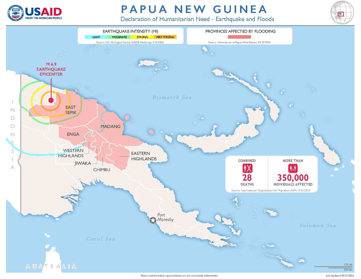 JUST IN: @USAID is responding to the recent 6.9 magnitude earthquake and ongoing flooding in Papua New Guinea, providing $900K to help our humanitarian partners provide emergency shelter, protection, water, sanitation and hygiene assistance as well as logistical support.