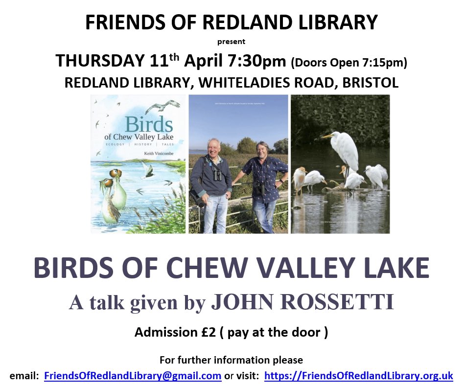 RedlandLibEvent's tweet image. 📣Friends of Redland Library event 

🔰Thursday 11th April    7:30pm (Doors open 7:15pm)
🔰Talk by Paul Rossetti   
🔰 Birds of Chew Valley Lake
🔰 Organised by @FORedlandLib 
🔰 #RedlandLibrary #Bristol
🔰 Admission £2 (pay at the door)
