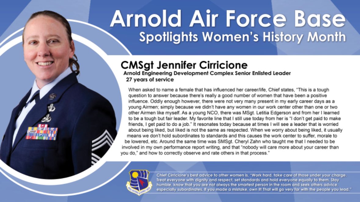🌟 Celebrating Women’s History Month with Chief Master Sgt. Jennifer Cirricione. From Arnold AFB, Tenn., her leadership shines bright in the Air Force Test Center! Full story here: bit.ly/4ac8g86 #WomenHistoryMonth #unitedstatesairforce #airforcetestcenter