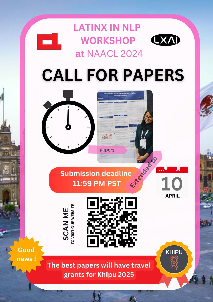 Dear follower @_LXAI @lxnlp 📢 we are happy to announce that we are extending the CFP📜 for our #NLProc workshop co-located @naacl 2024 until April 10th, don't miss this opportunity, we look forward to your submission 👉 buff.ly/3UUcoVs
