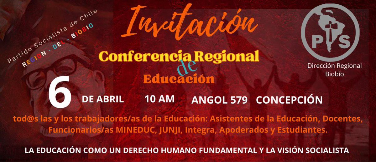📚#Educación | Compartimos con ustedes la invitación a la próxima Conferencia Regional de trabajaras y trabajadores de la educación, organizada por la Dirección Regional del Partido Socialista. ¿cuándo? El 6 de abril a las 10:00 A.M.  <a href="/PSChile/">Partido Socialista de Chile</a> <a href="/prensaps/">Prensa Socialista</a> <a href="/psbiobio/">@psbiobio</a> Más detalles 👇🏼