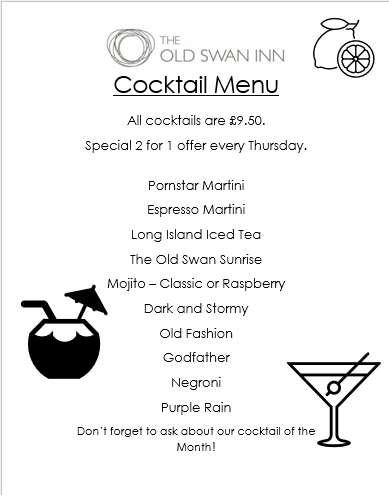 Kick off your Bank Holiday weekend tonight at The Old Swan Inn with a cocktail!! Why?? Because they're 2-4-1 every Thursday 🍸🍸
Choose from all our cocktails, including our cocktail of the month. Go on, treat yourself