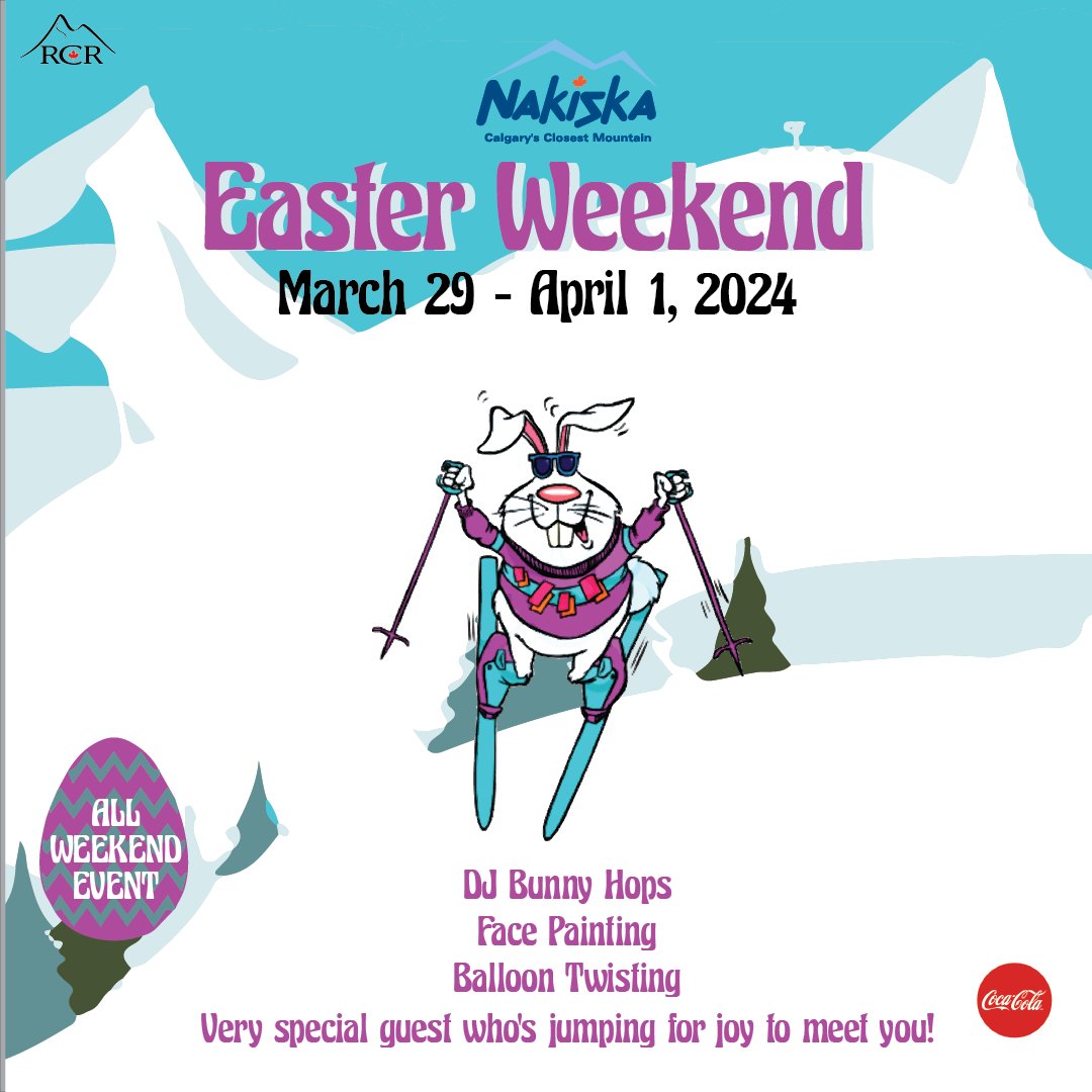 Easter's almost here! Come on out for a fun-filled weekend for the whole family. We’ll have DJ’s, Face Painting, Balloon Twisting, and a very special guest who’s jumping for joy to meet you! 🐰 skinakiska.com/blog/events/ea… #yyc #calgary #nakiska #calgarysclosestmountain #skiclose