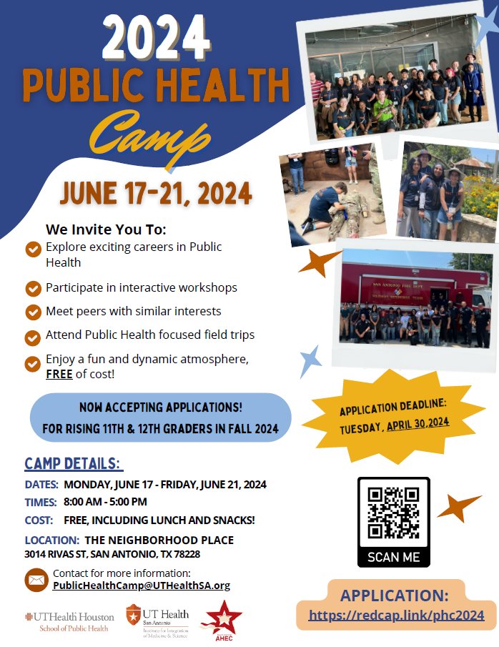 ATTENTION 🚩 11th & 12th High School Students! Join us for the FREE 2024 Public Health Camp this summer. ☀️ #CTSAProgram #2024SummerProgram #HighschoolStudents #PublicHealth redcap.uthscsa.edu/REDCap/surveys…