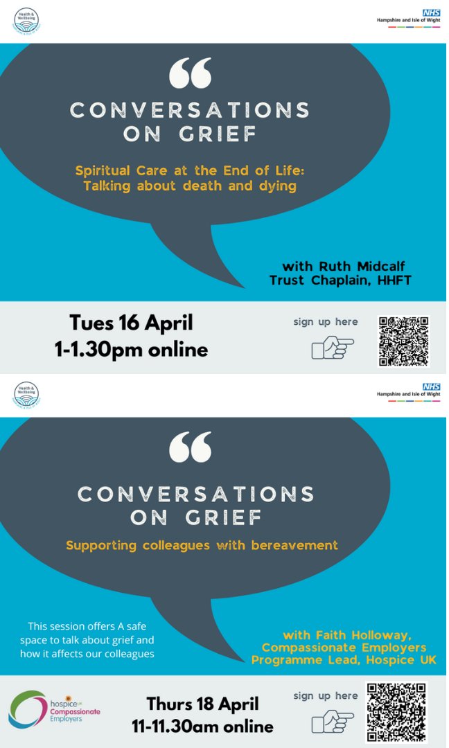 Conversations on Grief: Sessions & training modules on Trusts' learning pages Session 1-16 Apr 1-1.30: Spiritual Care at End of Life: Talking about death and dying lnkd.in/er_Bp4Vn Session 2-18 Apr 11-12: Supporting colleagues with bereavement lnkd.in/eqmTUxUj