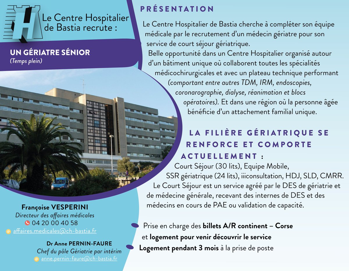 📢 Le Centre hospitalier de Bastia recrute : ➡ Un médecin gériatre sénior 👉 Pour plus d'informations : ch-bastia.fr
