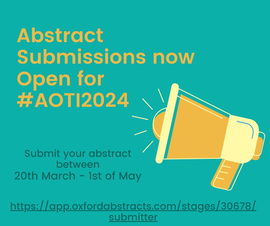 💡Reminder: Submit your abstract for #AOTI2024 before the 1st of May! See ow.ly/LT3w50R4nCW for information on how to prepare and submit an abstract. Dont miss out on the chance to present your work at the largest event for Occupational Therapists in Ireland.