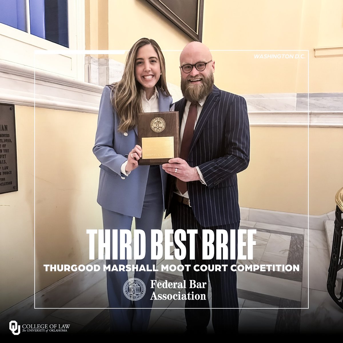 What a week for #OULaw! Uvaldo Herrera National Moot Court Competition 👥 Winchell Gallardo, Thalia Rodriguez 🏆 Third-place finish 🏆 Best Respondent's Brief Thurgood Marshall Moot Court Competition 👥 Maddie Bacon, Jason Kersey 🏆 Third Best Brief