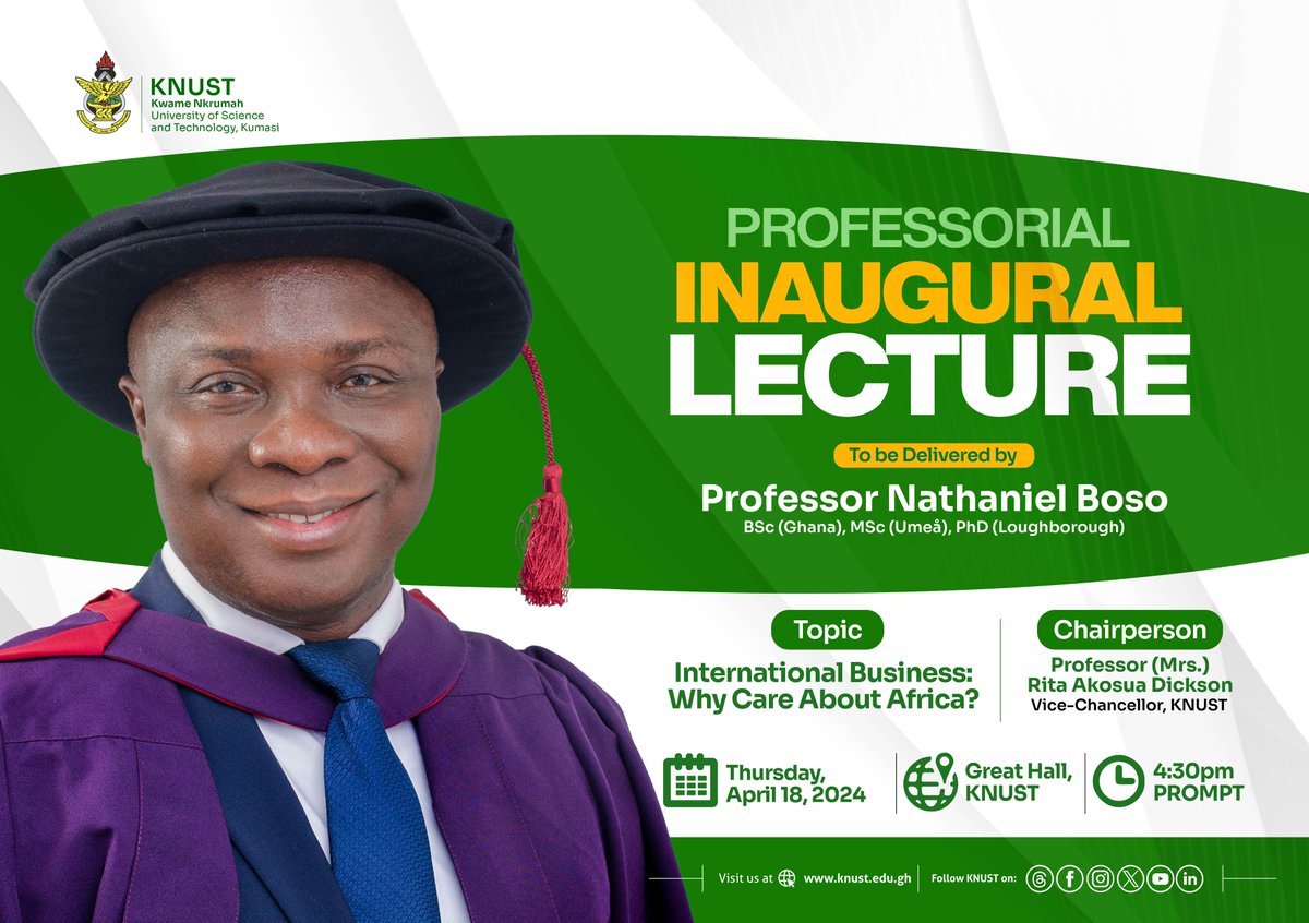 The academic community and the general public are invited to a Professorial Inaugural Lecture to be delivered by Professor Nathaniel Boso, the Centre Director for CARISCA on Thursday, 18th April, 2024 at the Great Hall, KNUST at 4.30pm. Read more via: bit.ly/profboso