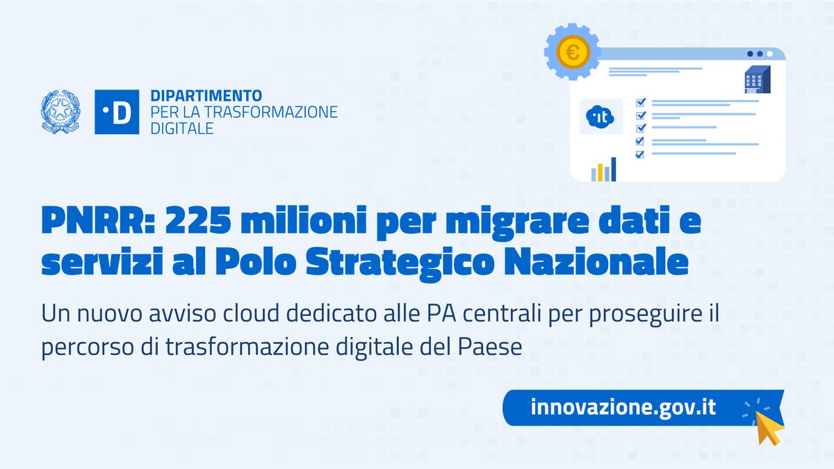 🎯 Strategia Cloud Italia: 225 milioni di euro dal #PNRR per migrare dati e servizi al Polo Strategico Nazionale. 🗒️Scopri di più: innovazione.gov.it/notizie/artico…