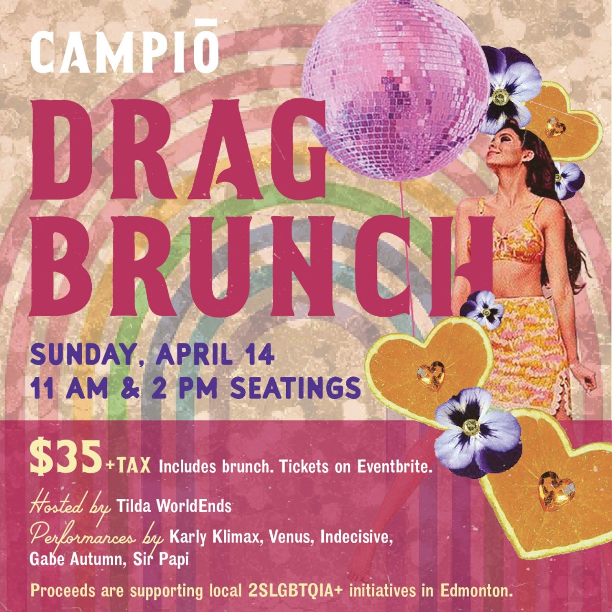 🍻 Hey brunch lovers! Get ready to sashay your way to Campio for Drag Brunch on Sunday, April 14th! ✨ Grab your tickets before they're gone: brnw.ch/21wIjuF 🏳️‍🌈 All proceeds will be donated to local 2SLGBTQIA+ initiatives.