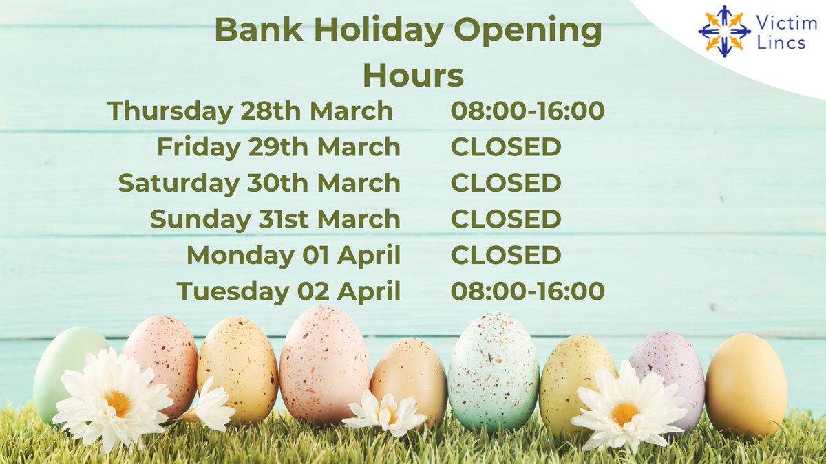 Victim Lincs will be closed over the Bank Holiday weekend, reopening on Tuesday 2nd April. However, support is available from Victim Support 24/7 at: 📞 08 08 16 89 111