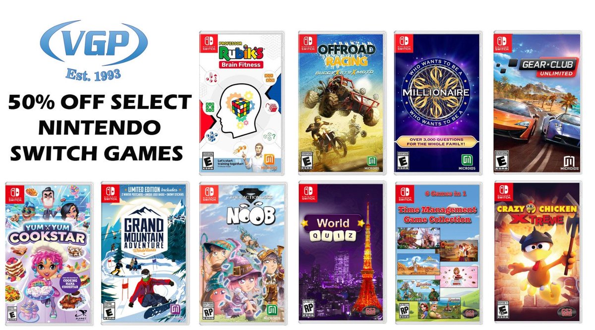 VideoGamesPlus_'s tweet photo. Save 50% on 10 select #NintendoSwitch games.
Games start as low as $14.99 / 10.99 USD

Bargain Titles: https://t.co/GdM6NXpiy6
All Sales: https://t.co/erWkIZHoDr

Noob The Factionless
Grand Mountain Adv Wonderlands Limited Ed 
World Quiz
Time Management Game Collection
Yum Yum Cookstar
Gear Club Unlimited
Offroad Racing
Who Wants To Be A Millionaire
Professor Rubik's Brain Fitness
Crazy Chicken Xtreme

Spend $80 / 60 USD to qualify for Free Shipping!
#VGP #NSW #videogames #sales #BargainHunt