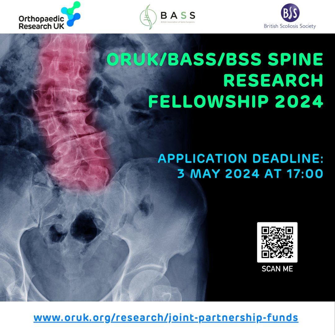 3 weeks are left to submit your applications for our joint spine research fellowship with @BASSspine and @BritScoliosis. The fellowship is worth up to £70k across 2 years. Apply before 5pm on 3rd May by visiting: bit.ly/orukjpf #InvestinginOurFutureMovement