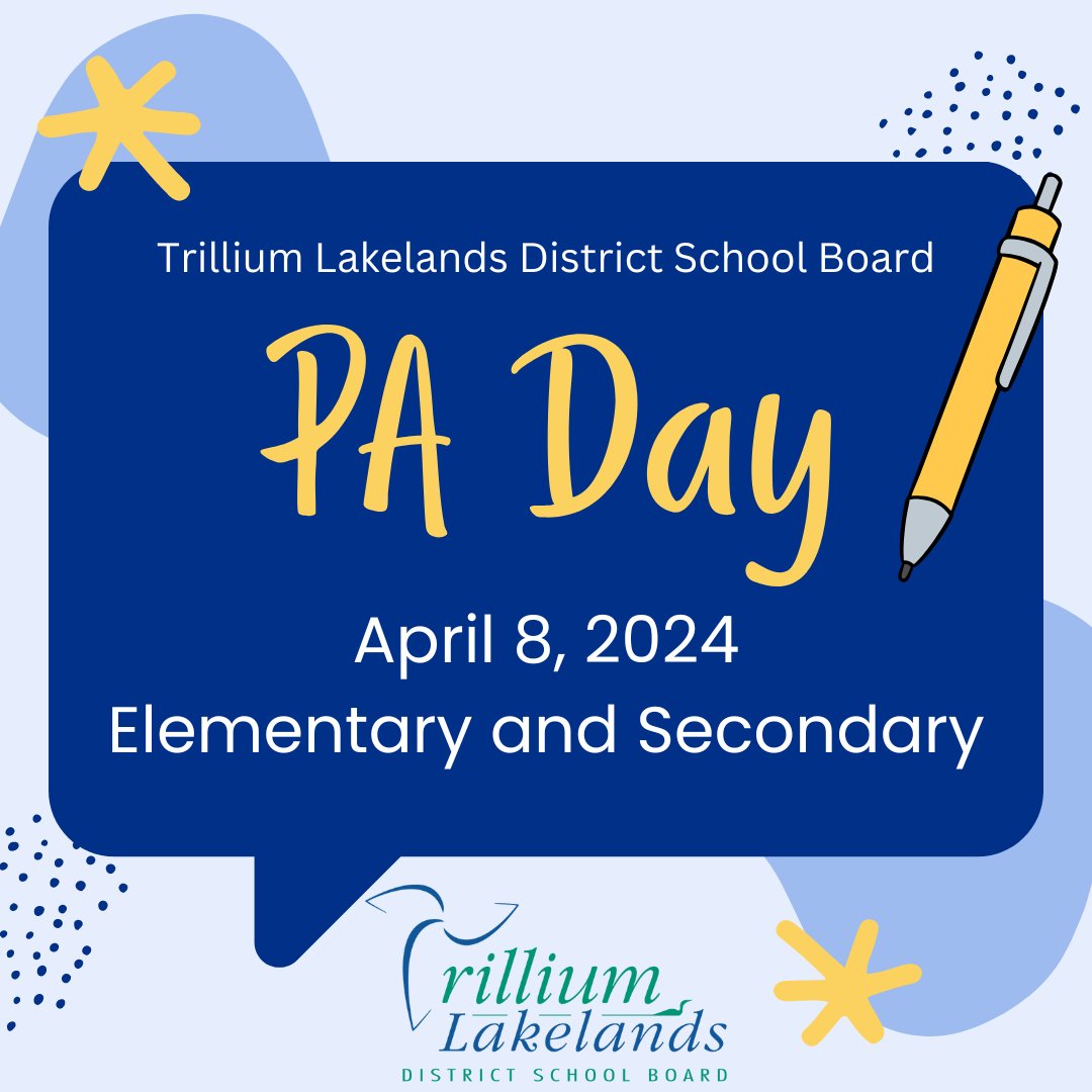 Monday, April 8, is a PA Day for both elementary and secondary students.

A breakdown of the professional development activities staff will be engaged in is available on the board website at ow.ly/Ulq850R4mK6.