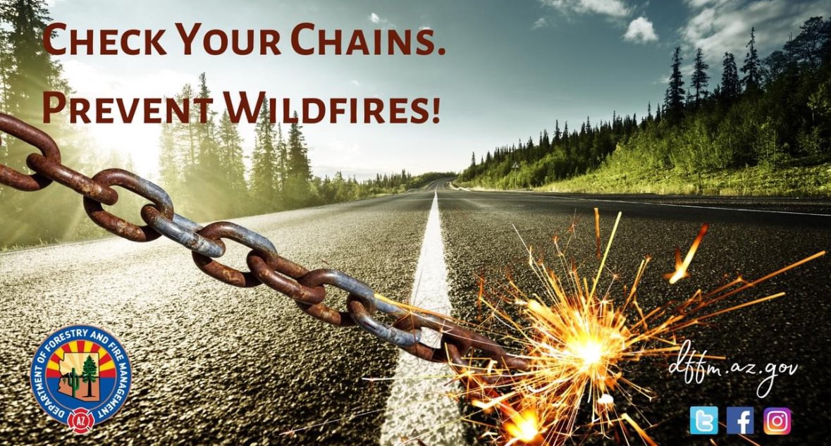 It's Time for Action & a Time to Prevent Sparks and Starts! When driving a vehicle w/ tow chains - take an extra few minutes to be sure they are secure. Dragging tow chains cause wildfires 🔥 Also, remember to check your vehicle & its tires before getting on the road & never