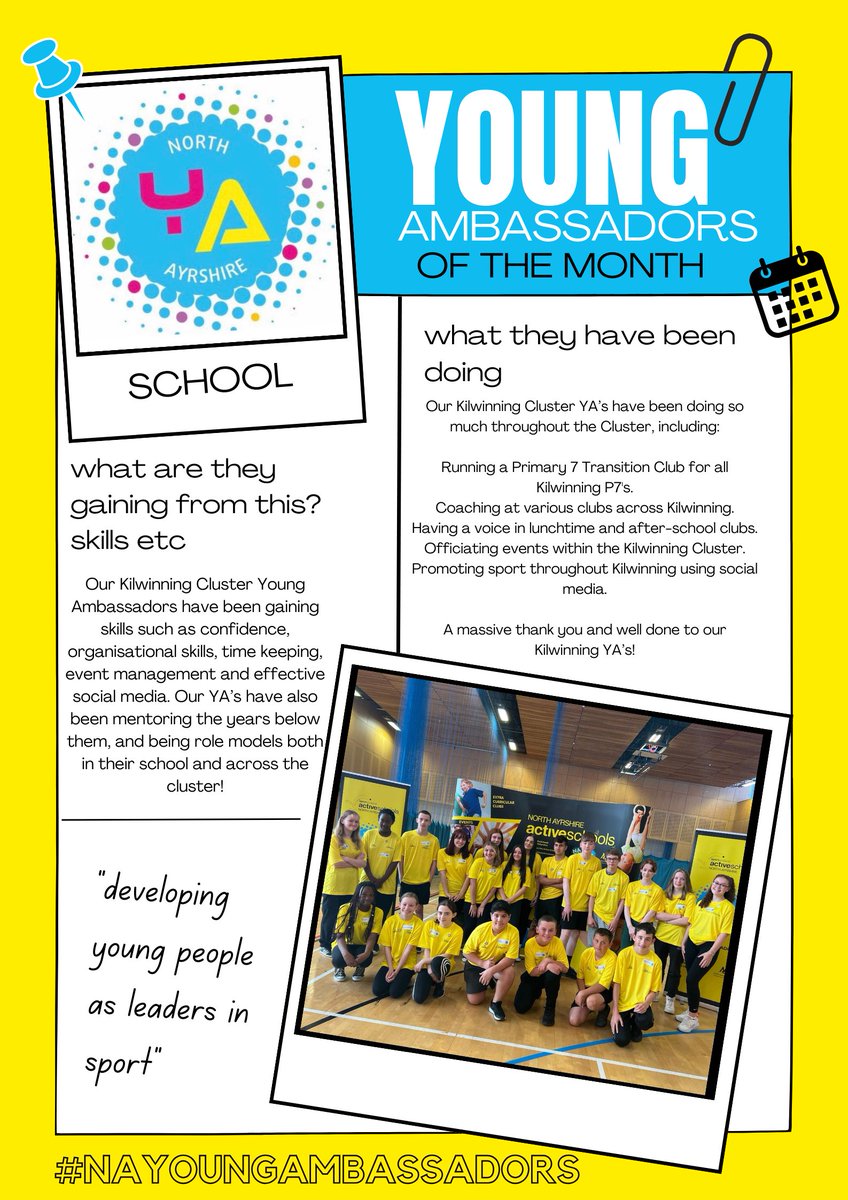 North Ayrshire Active Schools (@naactiveschools) on Twitter photo #NAYoungAmbassadors💛🖤
This month we are highlighting all the amazing work our Young Ambassadors do in the <a href="/Kilwinning_Acad/">Kilwinning Academy</a> cluster!
💛Run Clubs
🖤Help with Transitions
💛Run & Officiate Events
🖤Social Media
Keep up the good work!
<a href="/sportscotland/">sportscotland</a> <a href="/janeleavey/">Jane Leavey</a> #NAYoungAmbassadors💛🖤
This month we are highlighting all the amazing work our Young Ambassadors do in the <a href="/Kilwinning_Acad/">Kilwinning Academy</a> cluster!
💛Run Clubs
🖤Help with Transitions
💛Run & Officiate Events
🖤Social Media
Keep up the good work!
<a href="/sportscotland/">sportscotland</a> <a href="/janeleavey/">Jane Leavey</a>