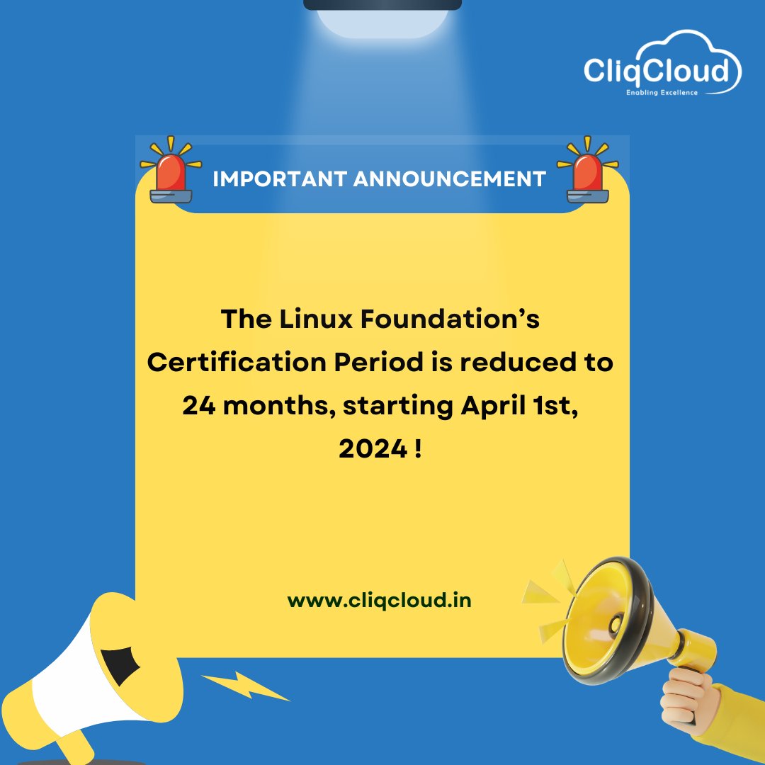 CliqCloud's tweet image. What do you think about the change in the Linux Foundation Certification Period?
#cliqcloud #linux #LinuxCertification #Certificate #certification #ITcertification #technology #technews #ITProfessional