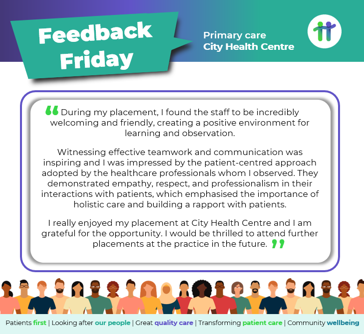 This #FeedbackFriday we share #PositiveFeedback from a pharmacy student following their placement at #CityHealthCentre.

Read more: gtdhealthcare.co.uk/about-us/news/…

#PrimaryCare #GreatQualityCare #PutPatientsFirst #LeadTheWayInTransformingPatientCare #LearningandDevelopment #GPpractice