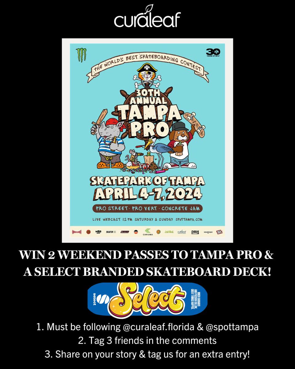 ✨ GIVEAWAY TIME✨ One winner will win 2 weekend passes to @TampaPro ‼️ How to win: 1. Follow @curaleaf.florida & @SPoTTampa 2. Tag 3 friends in the comments 3. Share on your story & tag us for an extra entry *winners will be contacted via DM on 4/3* See you in April 🤩