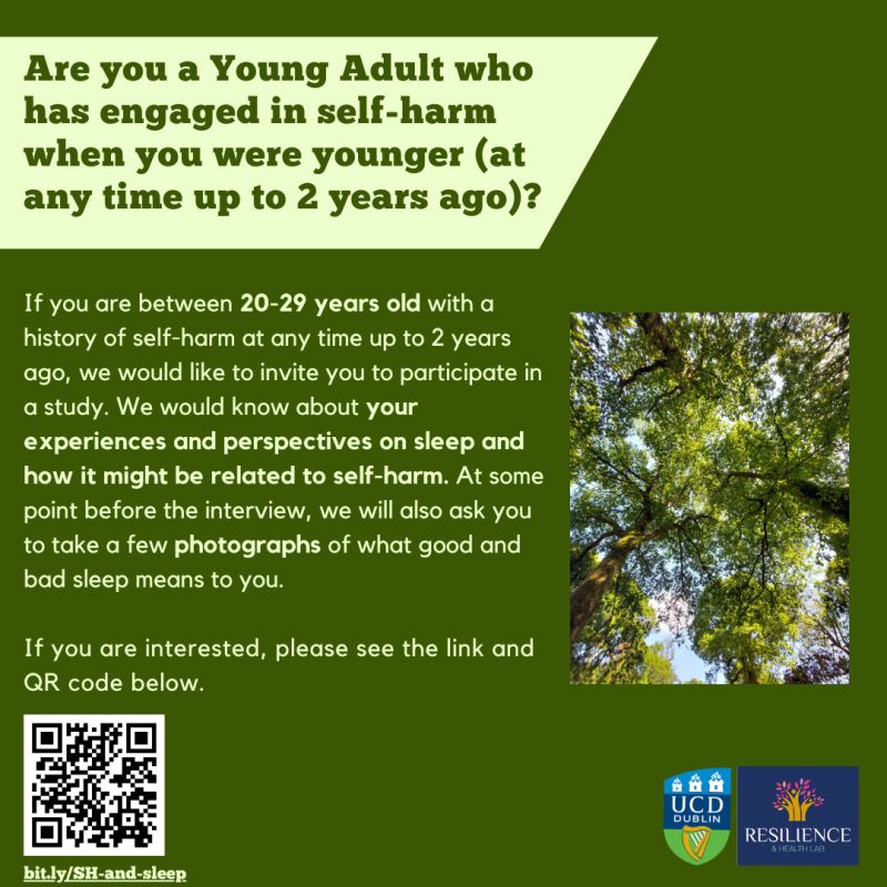 A masters student in UCD is conducting a unique study using photographs and interviews to explore the experiences of young adults with a history of self-harm and the relationship with sleep. See below for additional details of follow this link:
bit.ly/SH-and-sleep