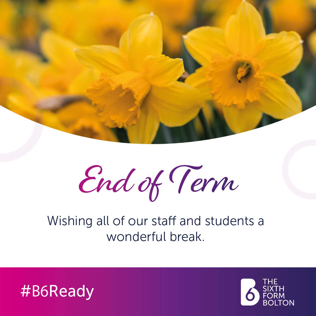 Wishing all of our staff and students a wonderful break. The summer term begins on Monday 15 April.