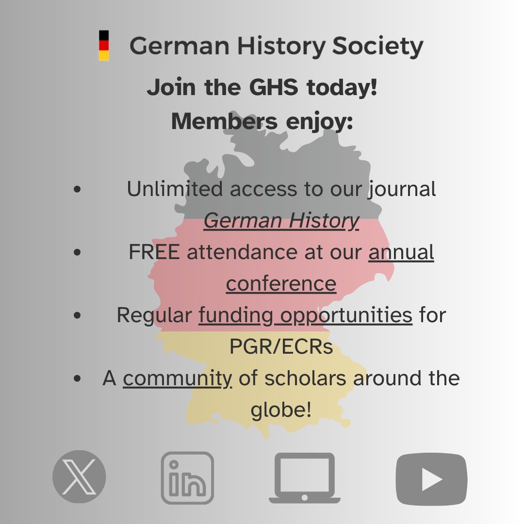 📢JOIN THE GHS TODAY! Members enjoy: - Unlimited access to our journal German History 📚 - FREE attendance at our annual conference🆓 - Regular funding opportunities for PGRs/ECRs 💰 - A community to scholars around the globe! 🌍 More details here: germanhistorysociety.org/membership/