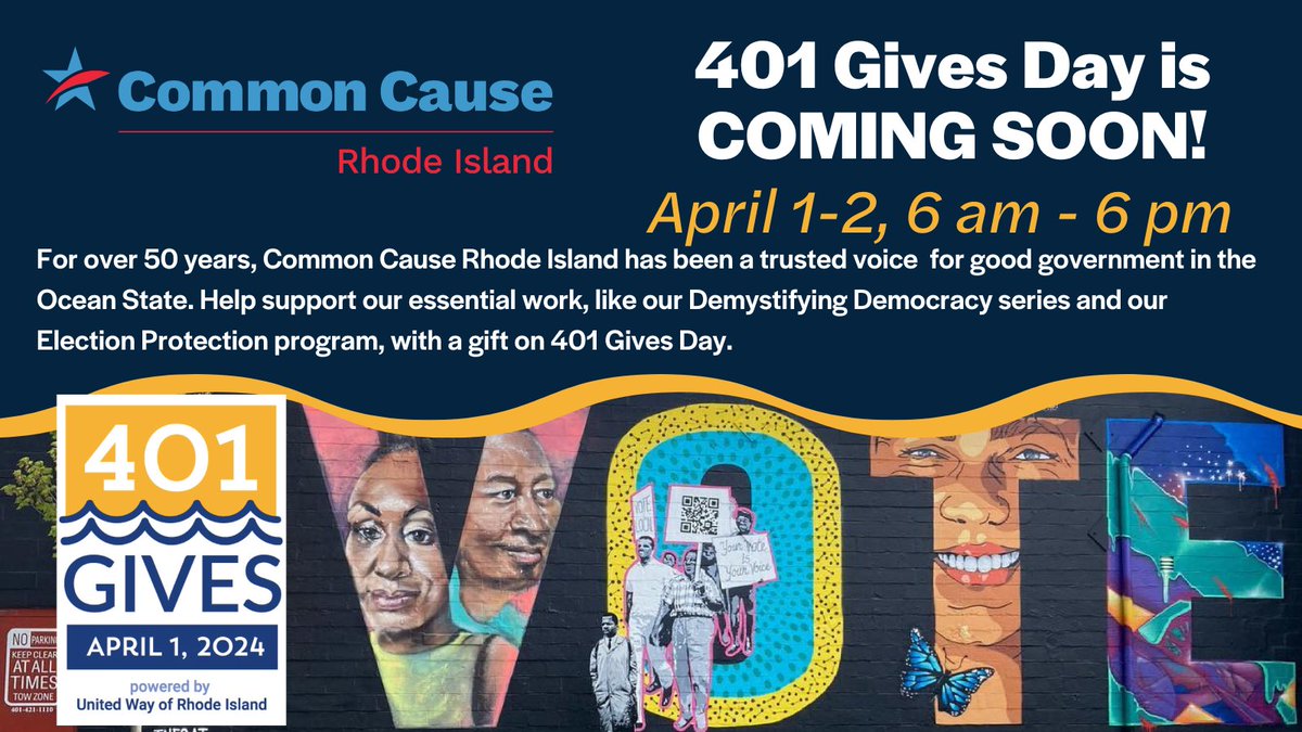 commoncauseri's tweet photo. For over 50 years, @commoncauseri has been a trusted voice for good government in the Ocean State. Help support our essential work, like our Demystifying Democracy series and Election Protection program, with a gift this #401Gives! https://t.co/dQQDpYKFBt https://t.co/TiFExqpZJV