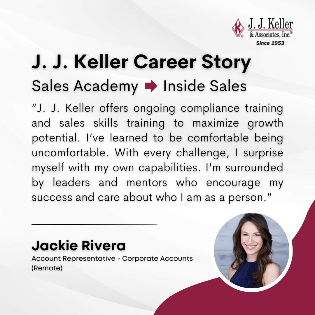 JJKellerJobs's tweet photo. “I was immediately drawn to @JJKeller when I heard about the Sales Academy. I figured this unique training would afford me the opportunity to gain sales experience and training while on the job." - Jackie, Account Representative - Corporate Accounts

Click 👇 to learn more about Jackie's role and what it is like to work at J. J. Keller. https://t.co/zuYRi7g8a7

#HIRINGNOW ✨ J. J. Keller Sales Academy ✨ Join us in our purpose to help customers protect people and the businesses they run. Click 👇 to learn more about our Sales Academy and APPLY TODAY!
https://t.co/iN46aBAwnc

#JJKellerDifference #jjksalesacademy #jjksales