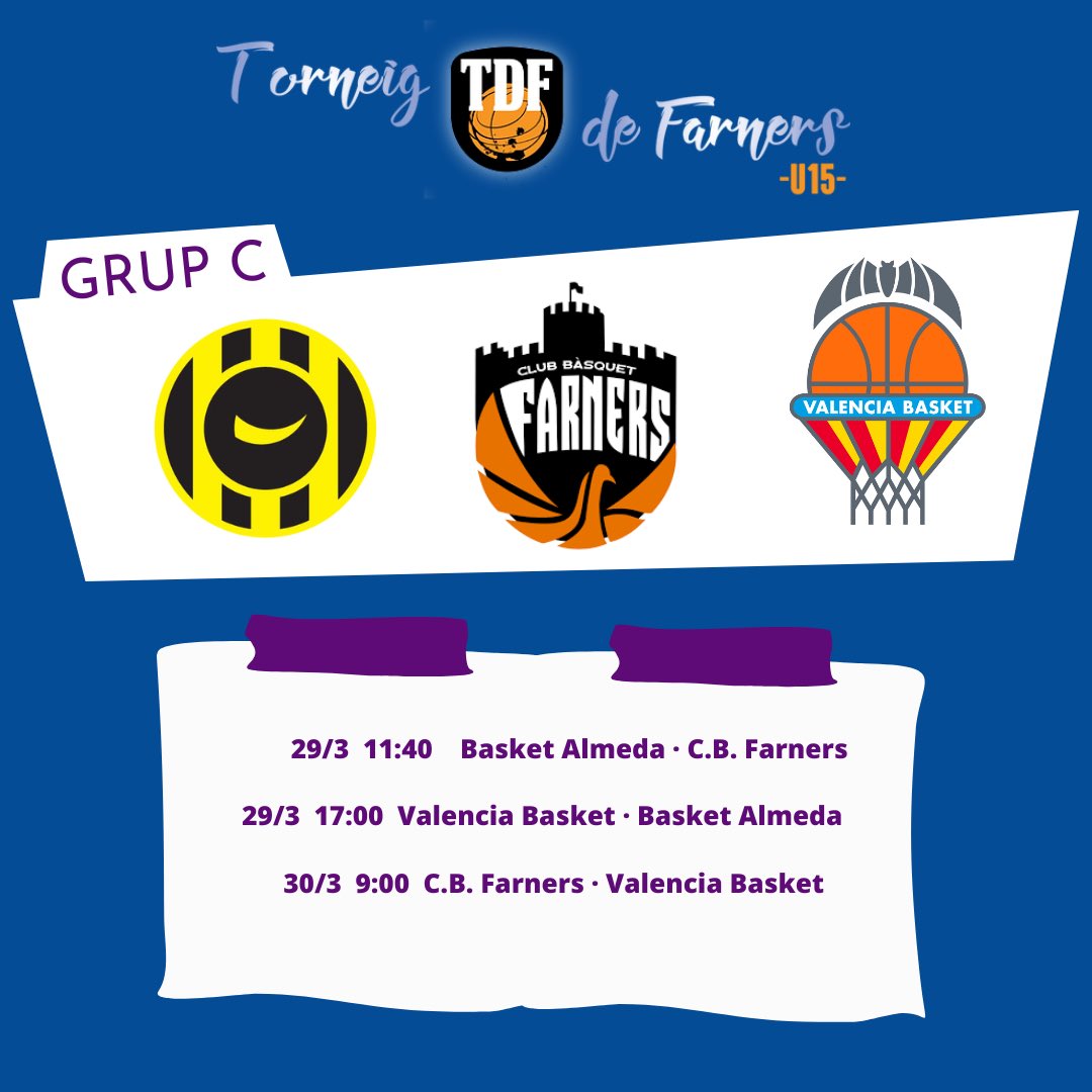 És el torn del grup C, aquest el formen el Basquet Almeda, que s’estrena en masculí en el torneig, el que pot ser tot una sorpresa pel torneig, el CB Farners, els nois afronten amb una enorme il·lusió aquesta experiència i finalment el Valencia Basket, amb ganes de títol!