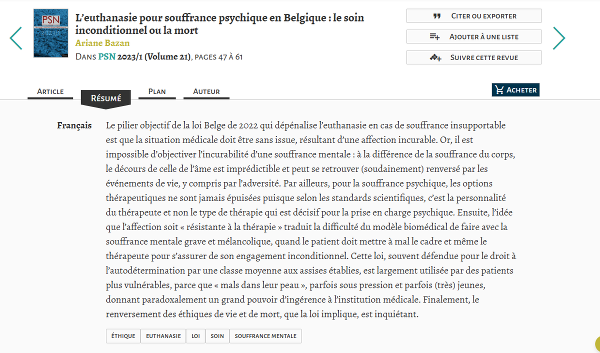 koztoujours's tweet photo. Très intéressante publicat° d'A. Bazan, "L’#euthanasie pr souffrance psychique en Belgique : le soin inconditionnel ou la mort". 1 critique radicale de la loi qui en dénonce l'inadéquat°, voire la cruauté. On parle d'euthanasie pr dépression, autisme etc 🧶https://t.co/cFREvxEVkI https://t.co/1kWr1eVDFa