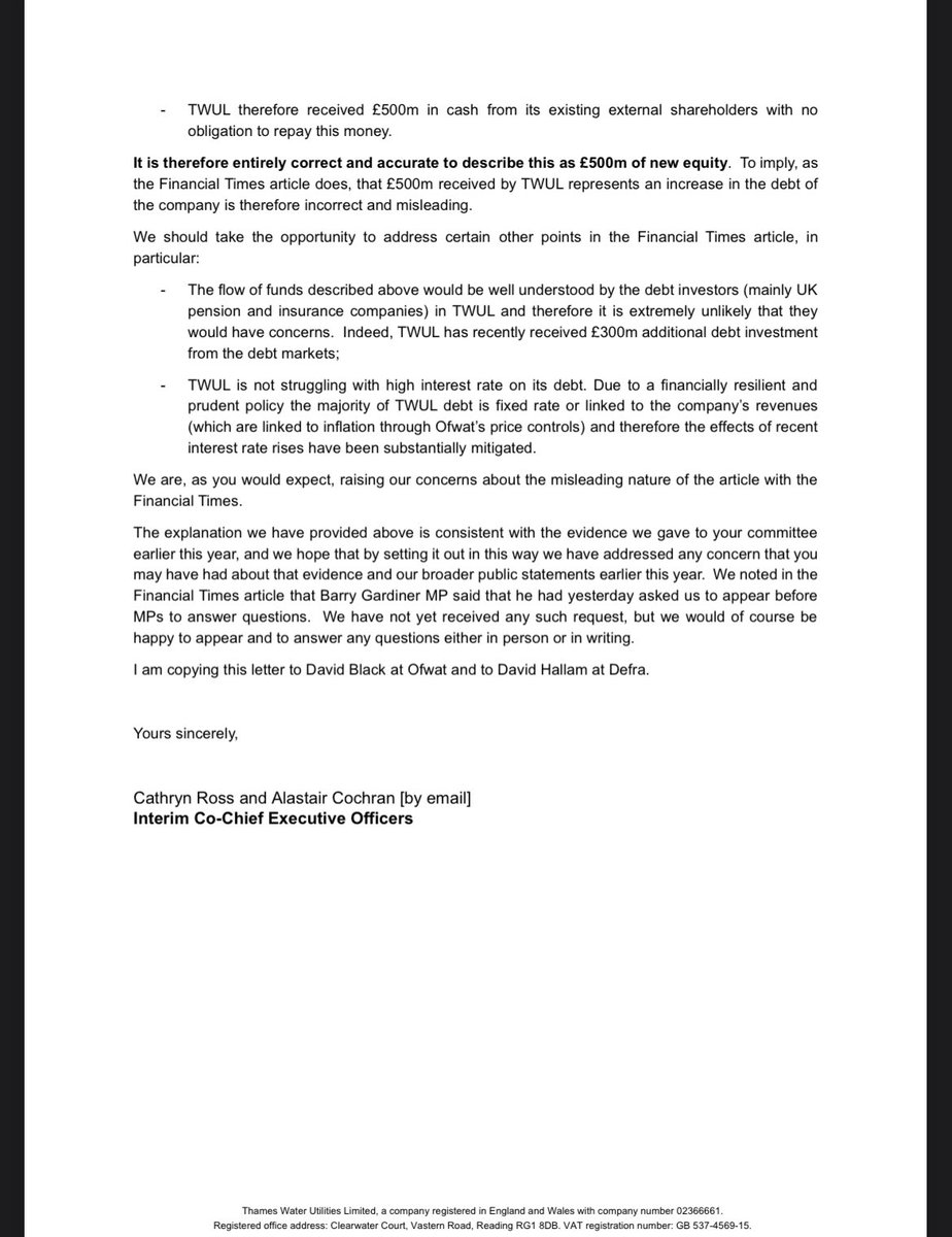 Remember when Thames Water wrote a letter to MPs to say that the “implication” of an article @gillplimmer1 and I had written about its Byzantine debt structure was “misleading”? The one where they lauded their “financially resilient” debt structure? That was FOUR MONTHS AGO!