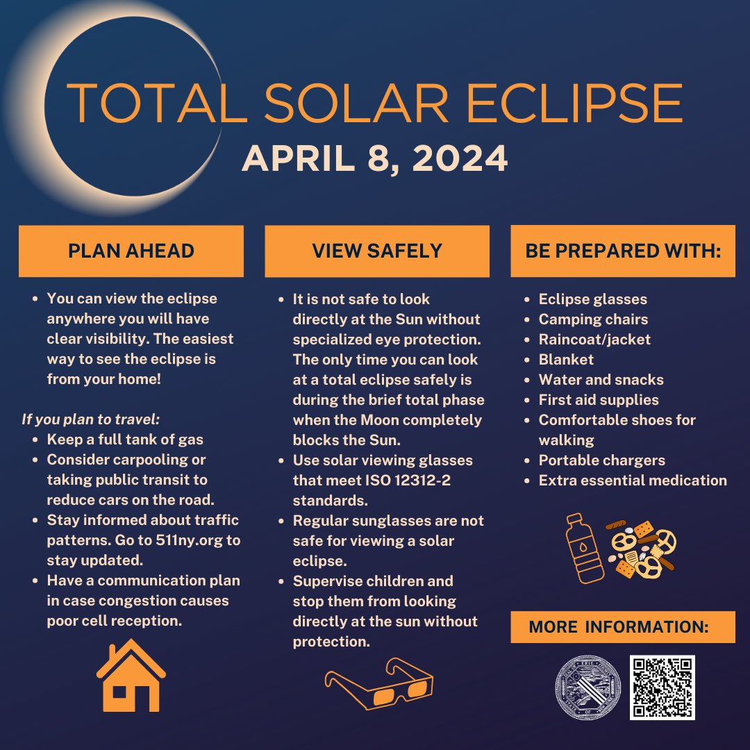 ☀️ April 8th is coming up fast! Erie County is expecting an influx of 1 million people for the total solar eclipse, so if you're planning to travel to a viewing location, be prepared for traffic delays. Here are some tips for a safe, easy, and fun, once-in-a-lifetime experience: