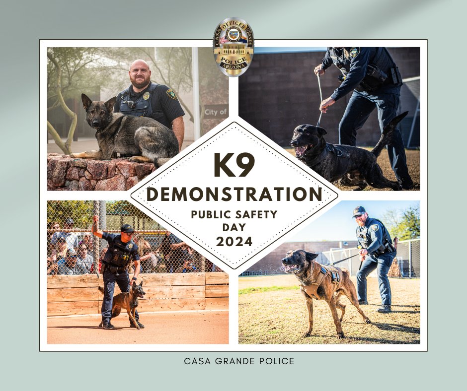 PUBLIC SAFETY DAY is almost here! Join us on April 6th at Paul Mason Sports Complex from 10am-2pm!

Meet Kira, Rik, Deutz, and Blitz as they demonstrate search and apprehension techniques! We hope to see you there!

 #CasaGrande #whosagoodboy #whosagoodgirl #K9