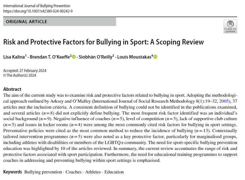 🗞️New Publication as part of the Erasmus+ funded #TheBeforeProject Risk and Protective Factors for Bullying in Sport: A Scoping Review 🔓Open Access 🔗rdcu.be/dCKn1