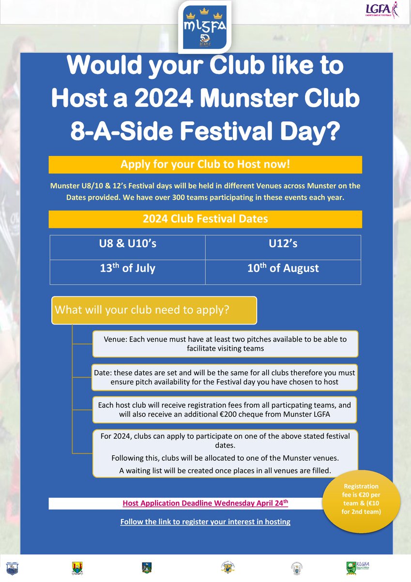 Apply Now! Is your club interested in Hosting a 2024 Munster LGFA 8-a-side Festival Day? If so please follow the link below to apply. Application Deadline- Wednesday April 24th Application Form forms.office.com/e/6hjX4nXj1G